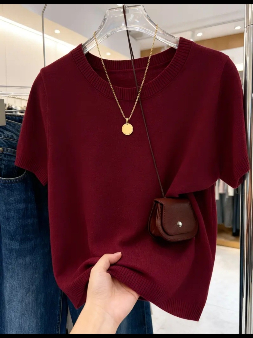 Women's Burgundy/Wine Colored Short Sleeve Sweater